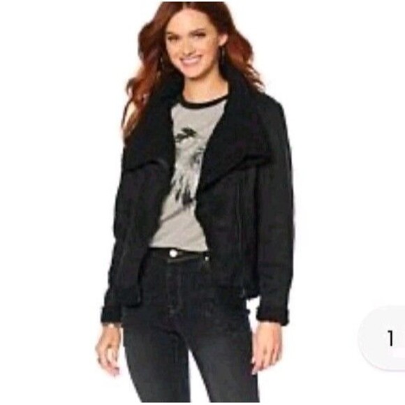 Sheryl Crow Americana Studded Faux Suede Sherpa Moto Black Jacket Plus Size 2X - Picture 2 of 13